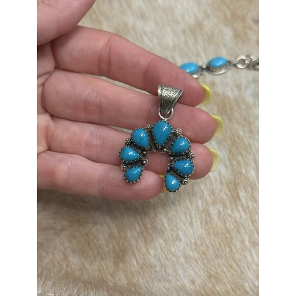 Native American SW Sterling Silver Blue Turquoise Naja Squash Blossom Pendant - Picture 1 of 8